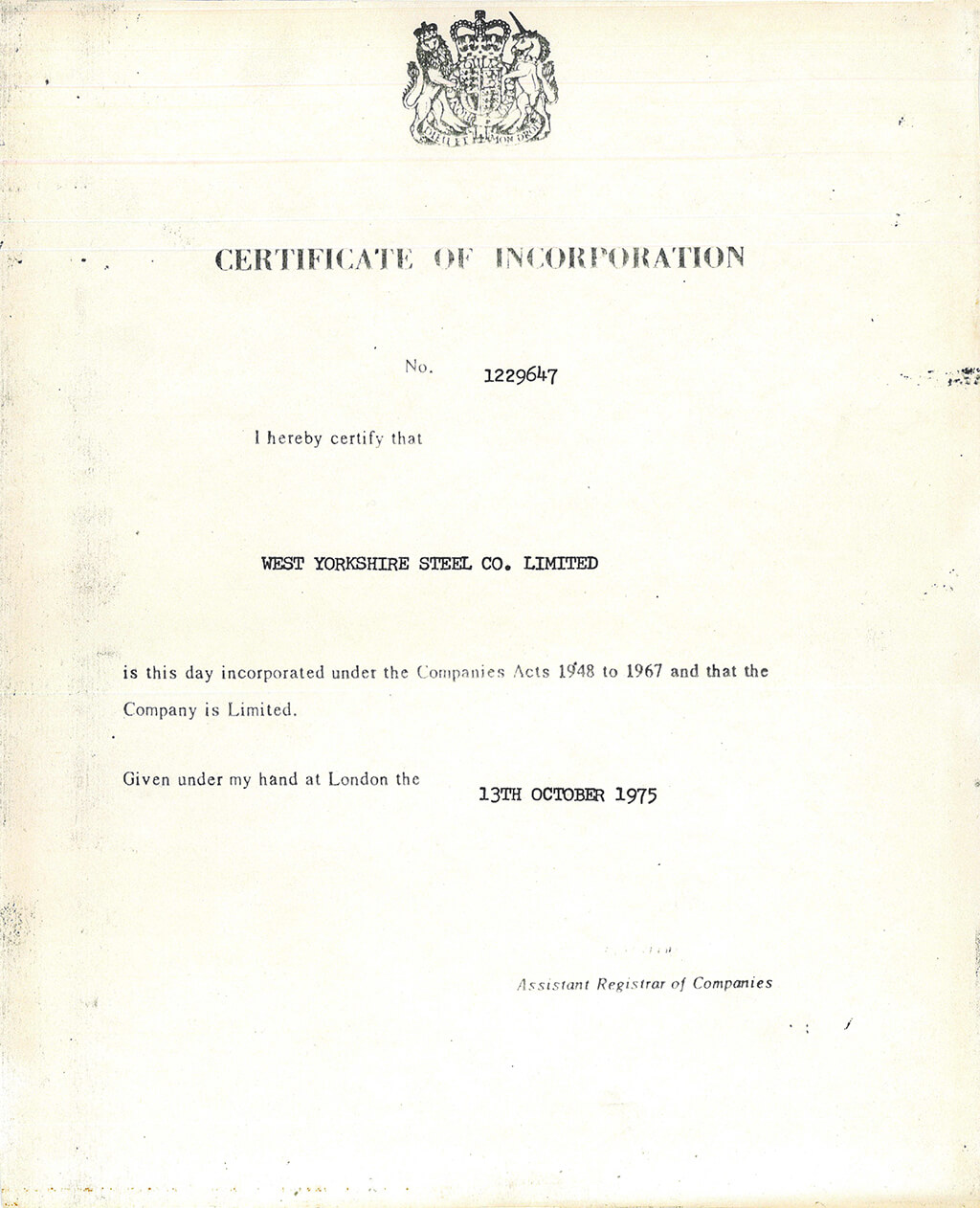 Certificate of Incorporation 1975 - West Yorkshire Steel